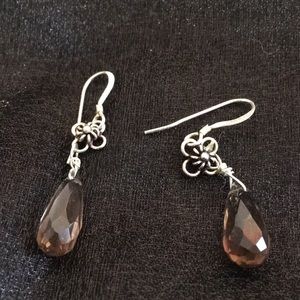 Smoky quartz faceted gem drop earrings silver